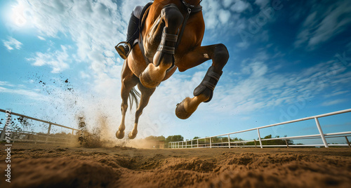 Closeup of a brown equestrian horse showjumping, jumping over the hurdle obstacle barrier with the rider on his back. Competition sport or training outdoors, stallion contest
