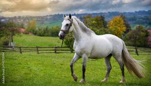 A beautiful white horse on the the green grass  farm 