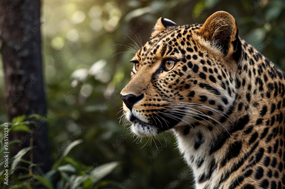Fototapeta premium Up close and personal with a majestic leopard in its natural habitat. Showcasing its fierce and beautiful gaze as a wild predator in the exotic natural world