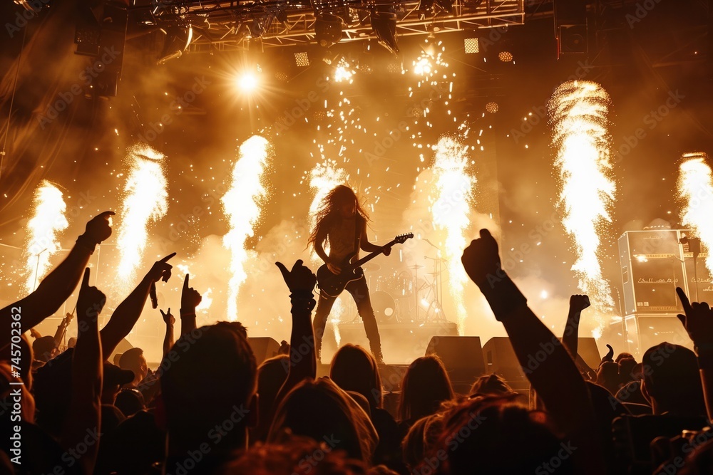 Silhouette of a long-haired guitarist on stage with pyrotechnics and an excited audience raising hands