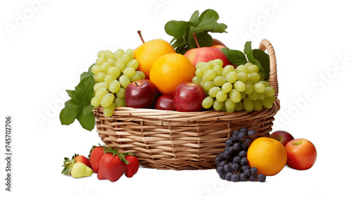 A basket of assorted fresh fruits on a solid white surface. 