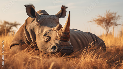 Nashorn in der Savanne bei Sonnenuntergang