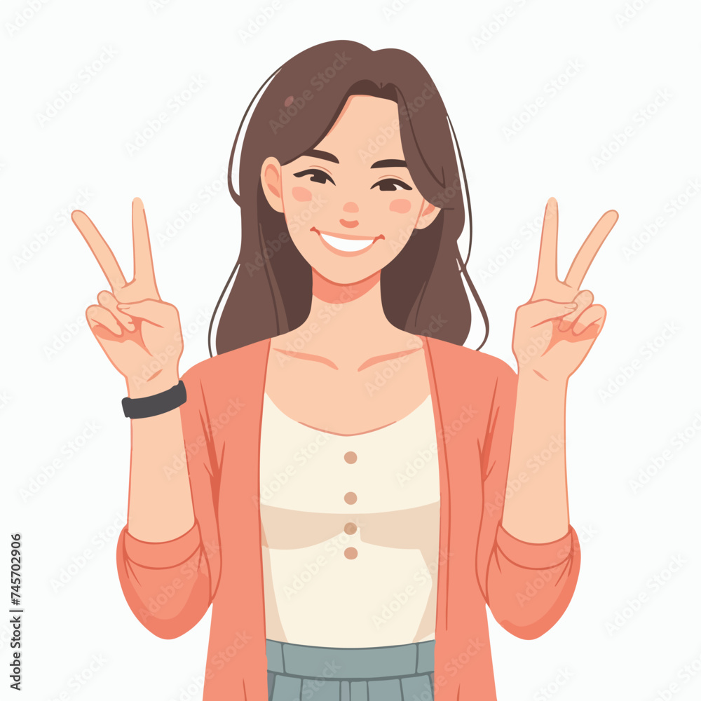 flat design illustration of a carefree girl in a two finger pose flat design illustration of a carefree girl in a two finger pose