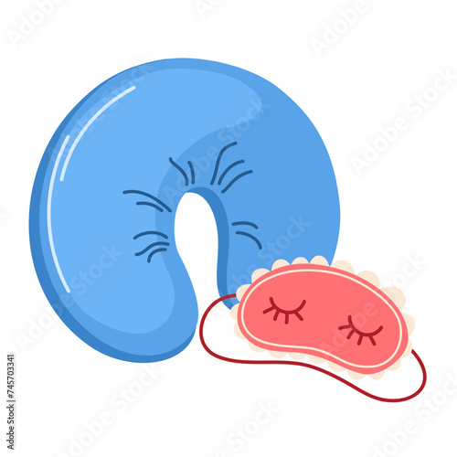 Pillow and sleep mask. Sleeping accessories for traveler. Sweet dreams. Modern flat cartoon style. Vector illustration on white background