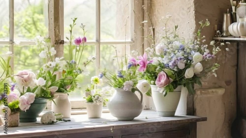 Spring flowers in vintage vase, beautiful floral arrangement, home decor, wedding and florist design.. photo
