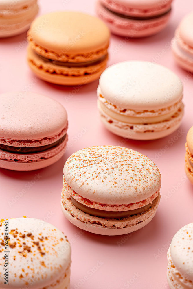 beautiful curated French macarons baked for cafe bakery patisserie with pastel pink flatlay background in different colorful flavours magazine editorial photography pastry, dessert pink