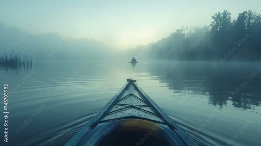 Peaceful Morning Kayak Adventure on a Misty Lake with Lush Forest Background - obrazy, fototapety, plakaty 