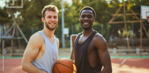 Two young athletic sporty men, one is African American and the other is Caucasian. Basketball players, standing outdoors, looking at the camera and smiling. Happy athletes sport recreation outside