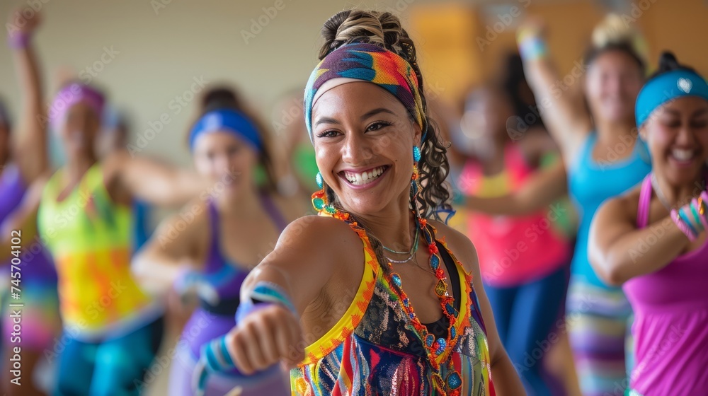 Energetic Dance Fitness Class with Smiling Women Enjoying Zumba Workout in Vibrant Athletic Wear Energetic Dance Fitness Class with Smiling Women Enjoying Zumba Workout in Vibrant Athletic Wear