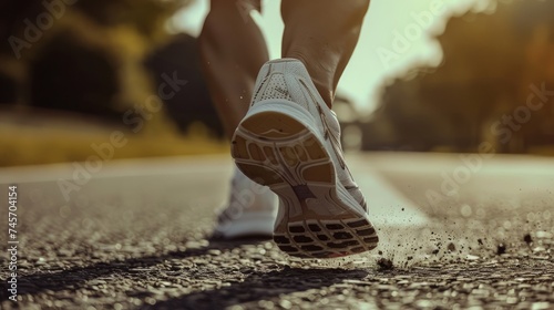 Close-Up of Runner's Feet on Asphalt Road at Sunset with Sunflare and Dynamic Motion