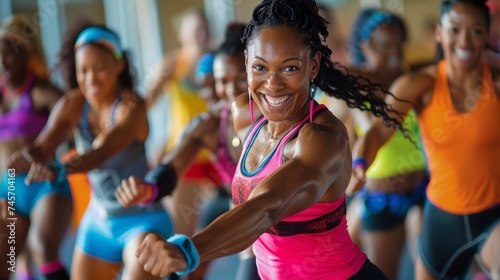 Energetic Fitness Class with Smiling Woman Leading Group Workout in Bright Gym Studio