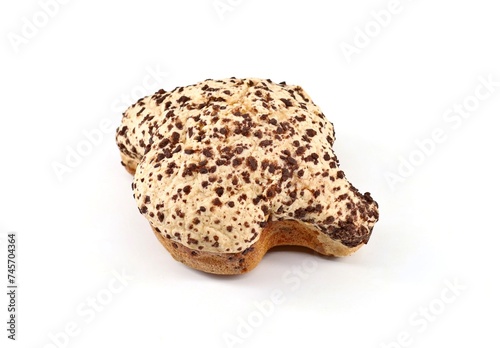 Colomba Pasquale, typical italian easter cake, coated with chocolate chips. The name means Easter Dove in english language, due to its shape. White background.