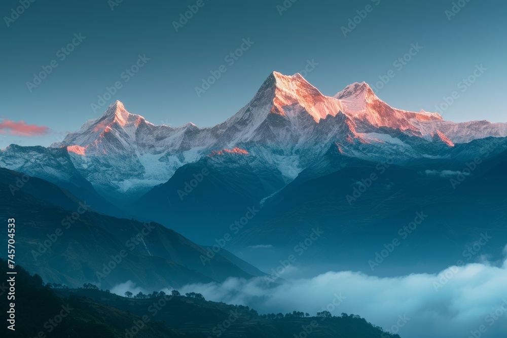 Morning light enhances the beauty of a high mountain in a natural landscape