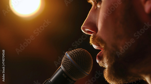 Closeup of a handsome young man near the microphone device. Live singing performance, male singer, adult presenter audio or voice equipment technology. Concert performance