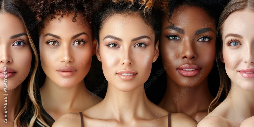 portrait of a group of beautiful diverse young women with smooth skin