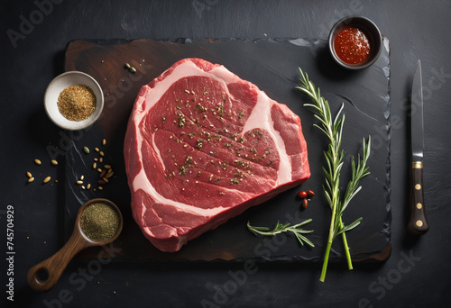 Raw beef steak with seasonings on white background photo
