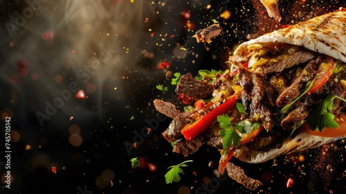fresh grilled beef turkish or chicken arabic shawarma doner sandwich flying isolated on black background
