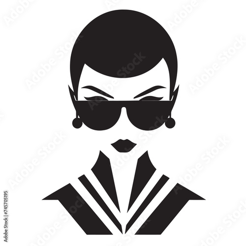 black and white illustration of a girl with glasses, business woman logo.