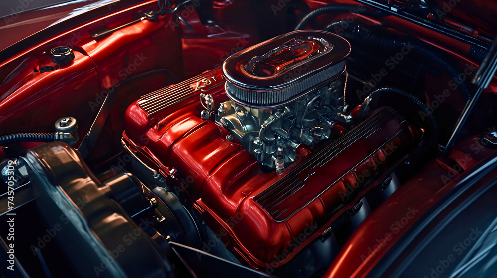 Closeup look underneath the hood of a powerful sports car, shiny and luxurious red V16 engine or motor part. Diesel valve performance, chrome turbo industrial transmission Closeup look underneath the hood of a powerful sports car, shiny and luxurious red V16 engine or motor part. Diesel valve performance, chrome turbo industrial transmission