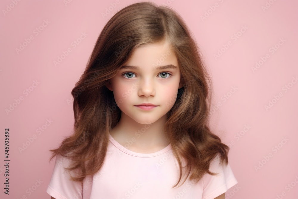 Portrait of a beautiful little girl with long brown hair on a pink background. Portrait of a beautiful little girl with long brown hair on a pink background.
