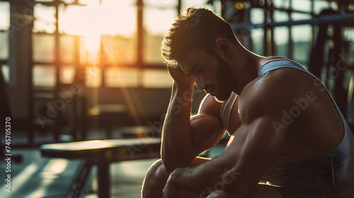 Closeup of a young, handsome man sitting in a modern gym room interior at the sunset. Determined and serious face expression, tired male athlete during workout or training indoors