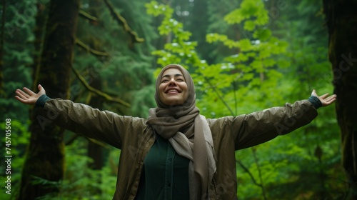 Ecstatic woman wearing a hijab, captivated by the serene allure of green nature