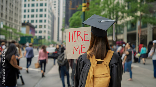 Female student wearing a graduation gown and a cap, young teenage girl standing on a city street and holding up a sign with text "HIRE ME." Looking for a job with a degree, career after college