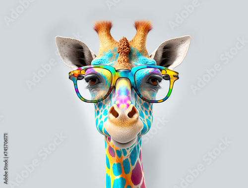 Cartoon colorful giraffe with sunglasses on white background. Created with generative AI © innluga