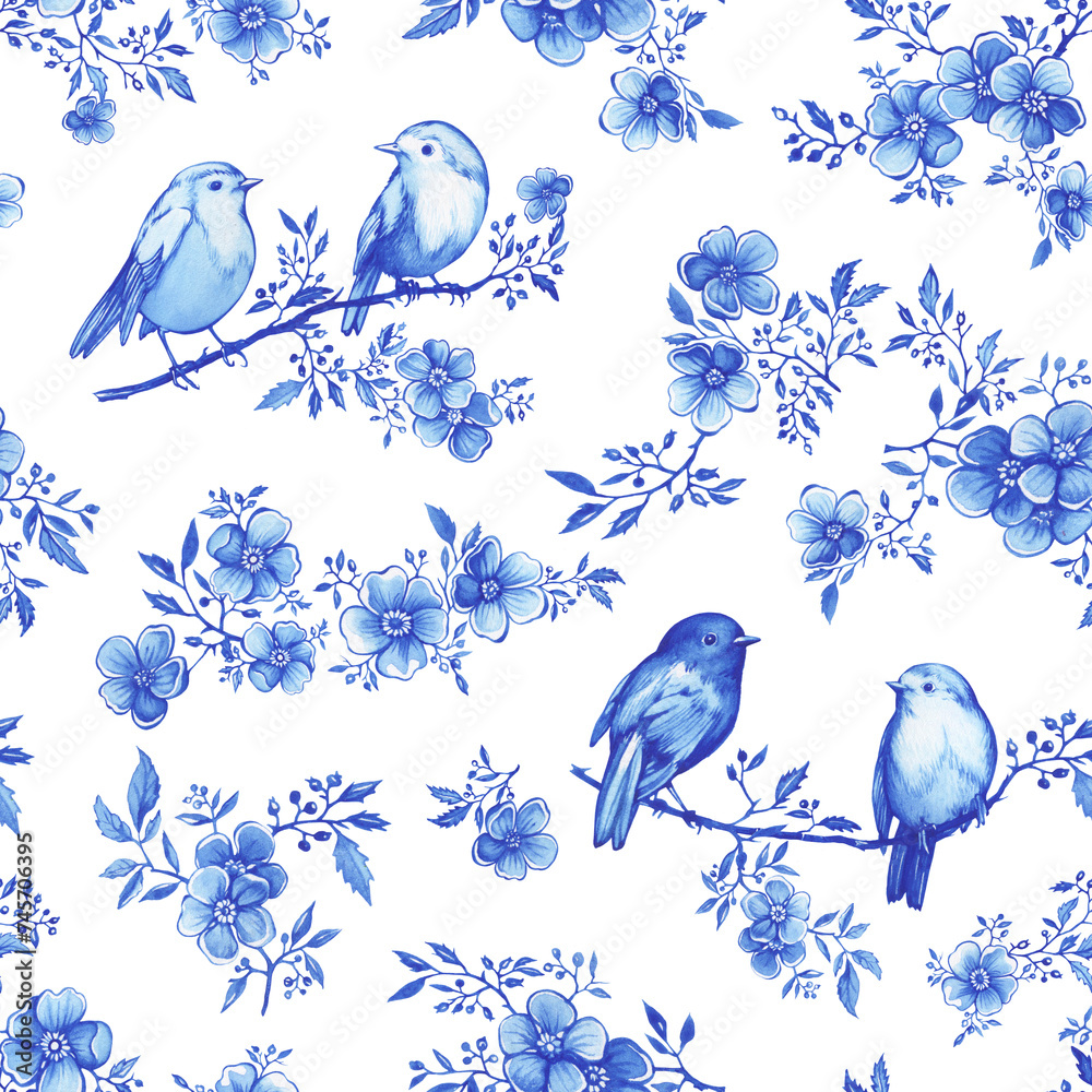 Seamless pattern with couple blue robin birds sitting on a blossoming cherry branch. Hand drawn watercolor painting illustration isolated on white background - obrazy, fototapety, plakaty 