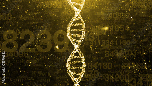 Gold coloured dna chain with random number data illustration background.