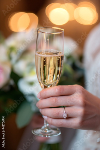 the bride holds a glass of champagne close-up