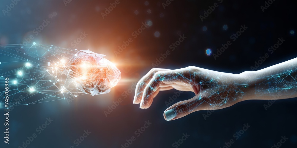 AI, Machine learning, Hands of robot and human touching big data of Global network connection, Internet and digital technology, Science and artificial, Generative AI