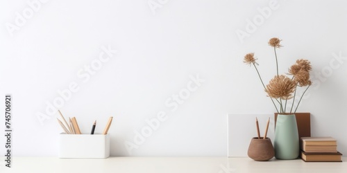 Office table, empty desk with simple office things and white wall copy space. Creative workspace, Generative AI