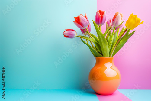  vibrant vase with bouquets of multi-colored tulips on a bright background. 