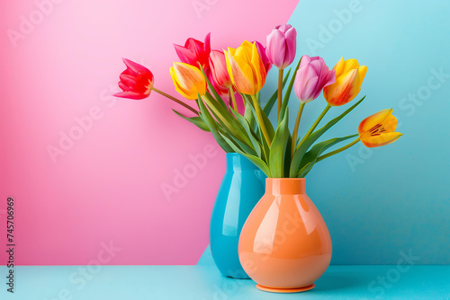
vibrant vase with bouquets of multi-colored tulips on a bright background. 