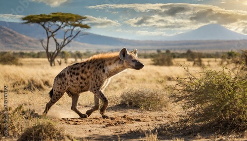 A hyena hunting in beautiful nature Africa, dog like animal, sunny photo