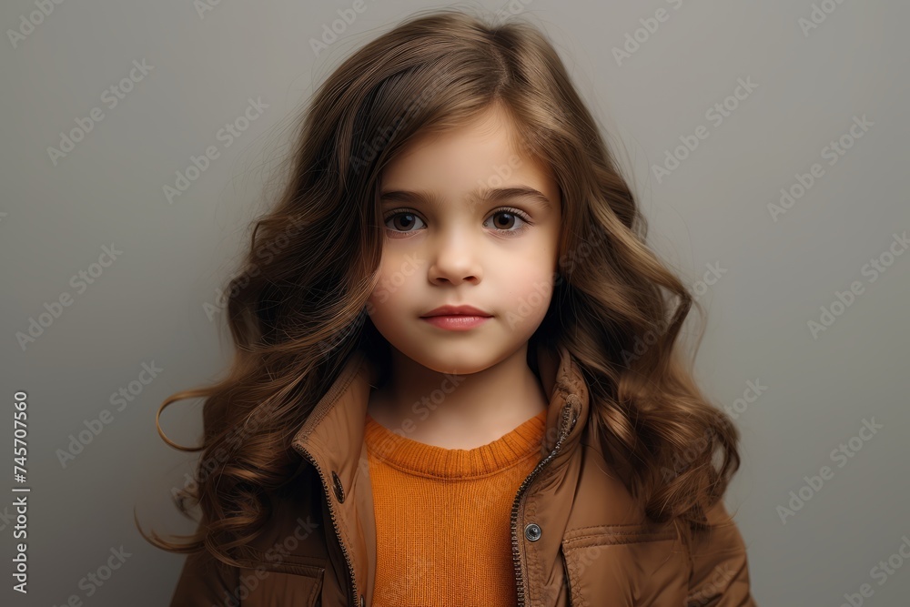 Portrait of a cute little girl with long curly hair in a brown jacket. Portrait of a cute little girl with long curly hair in a brown jacket.