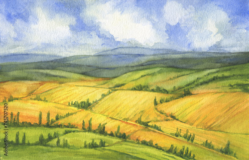 Beautiful landscape, panoramic view. Yellow wheat fields and hills of the countryside on a summer day. Watercolor hand drawn painting illustration