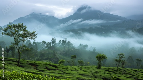 The mystical allure of mist-covered mountains unfolds under the morning light in a tranquil setting