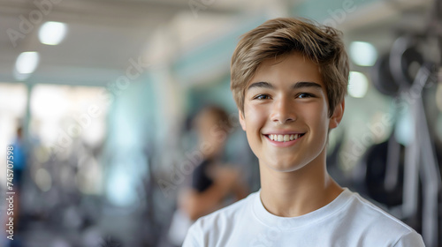 Portrait of a handsome young teenage boy, standing in a modern gym interior room with weights, looking at the camera. Male adolescent training of working out indoors, young athlete portrait, smiling