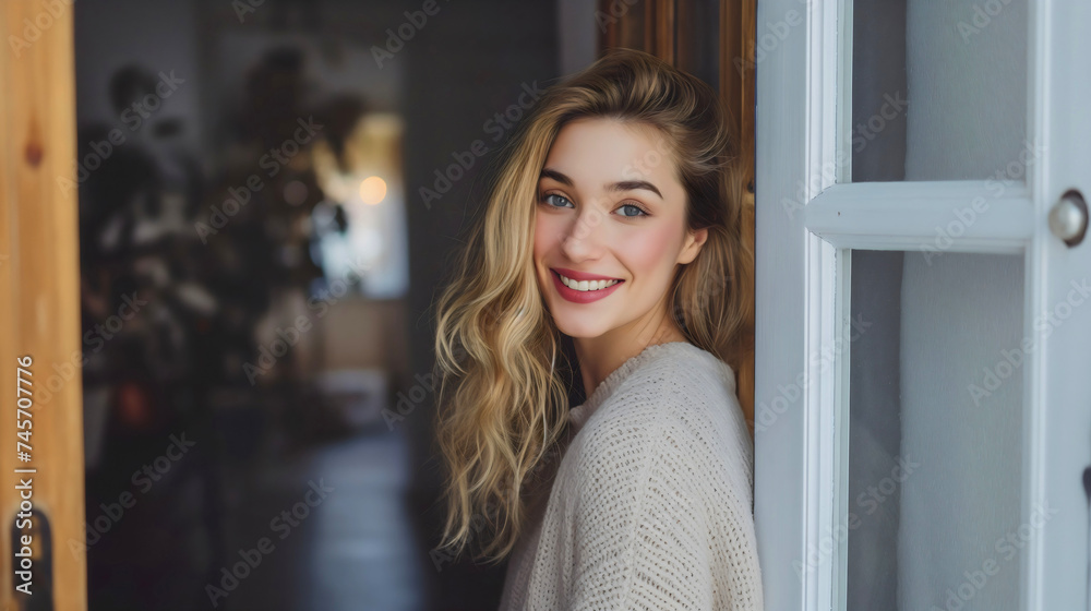 Portrait of a beautiful young woman with blonde hair, opening a door, welcoming the guests into her house, showing hospitality and friendliness. Looking at the camera and smiling. Greeting people Portrait of a beautiful young woman with blonde hair, opening a door, welcoming the guests into her house, showing hospitality and friendliness. Looking at the camera and smiling. Greeting people