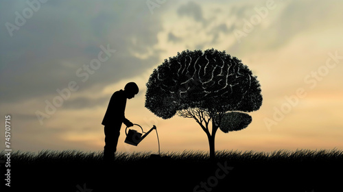Silhouette of a man watering the tree plant in the shape of the human brain. Mind and knowledge growth concept, creativity and improvement, optimistic intellect and education