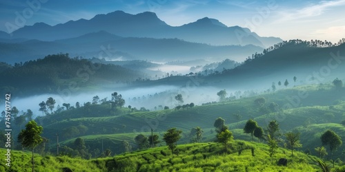 Immerse yourself in the serene beauty of mountains during the morning mist