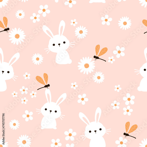 Seamless pattern with bunny rabbit cartoons, dragonflies and daisy flower on pink background vector.