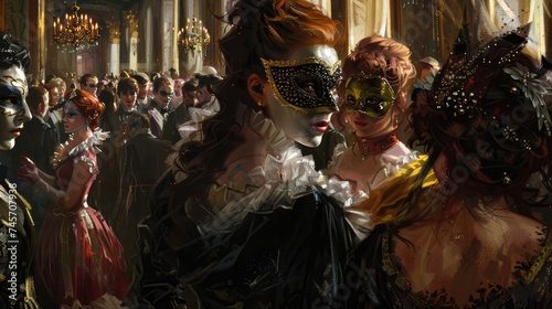 Masked ball. Everyone wears elegant evening clothes and their faces are covered with various masks during the evening. Generative AI © Dvid