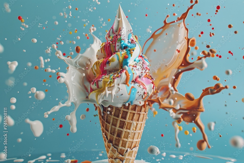 Artistic Ice Cream Delight with Colorful Paint Splatters - Generative AI