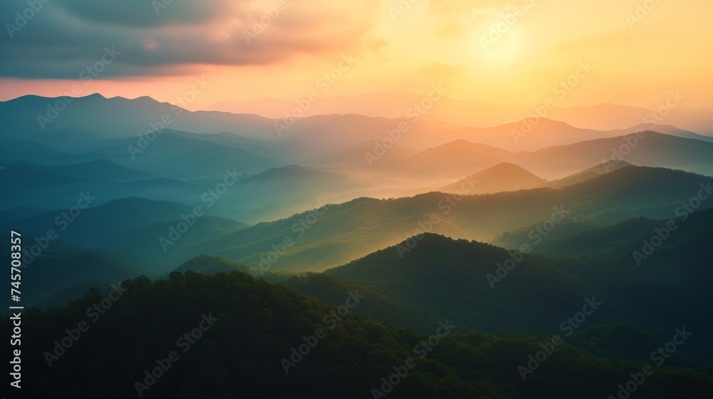 The majestic mountain range bathed in the morning glow reveals its stunning beauty