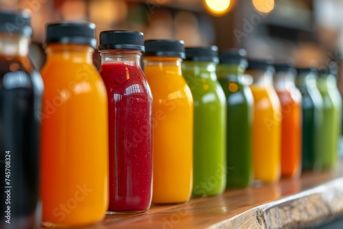 Assorted fresh juices in bottles, in hues of green, yellow, red, and orange, lined up