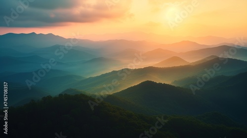 The majestic mountain range bathed in the morning glow reveals its stunning beauty