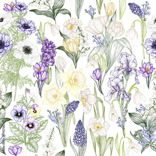 Seamless vector pattern of blooming spring garden.  Snowdrops, crocuses, brunnera, tulips, muscari, hyacinths, irises, daffodil, pansies, lily of the valley, anemone